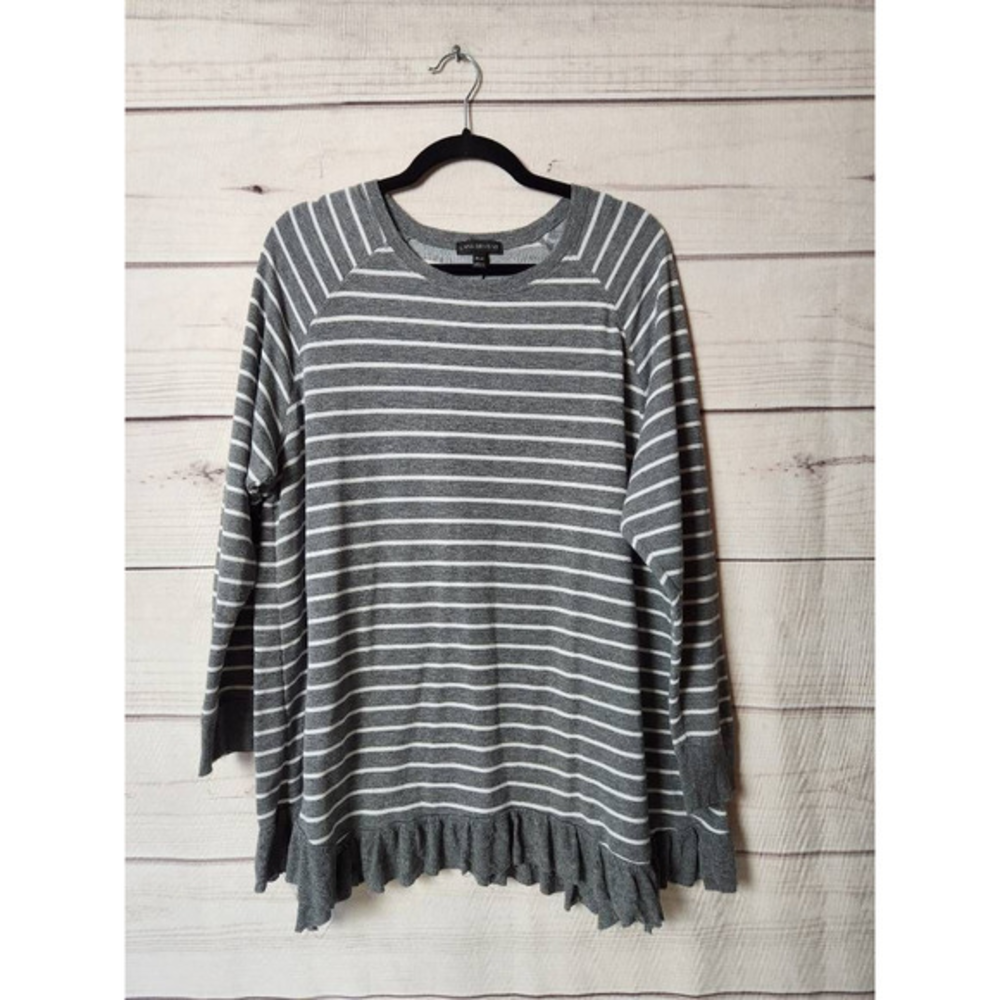 Lane Bryant Womens Pullover Sweater Gray Stripe Long Sleeve Knit Ruffle Plus 18